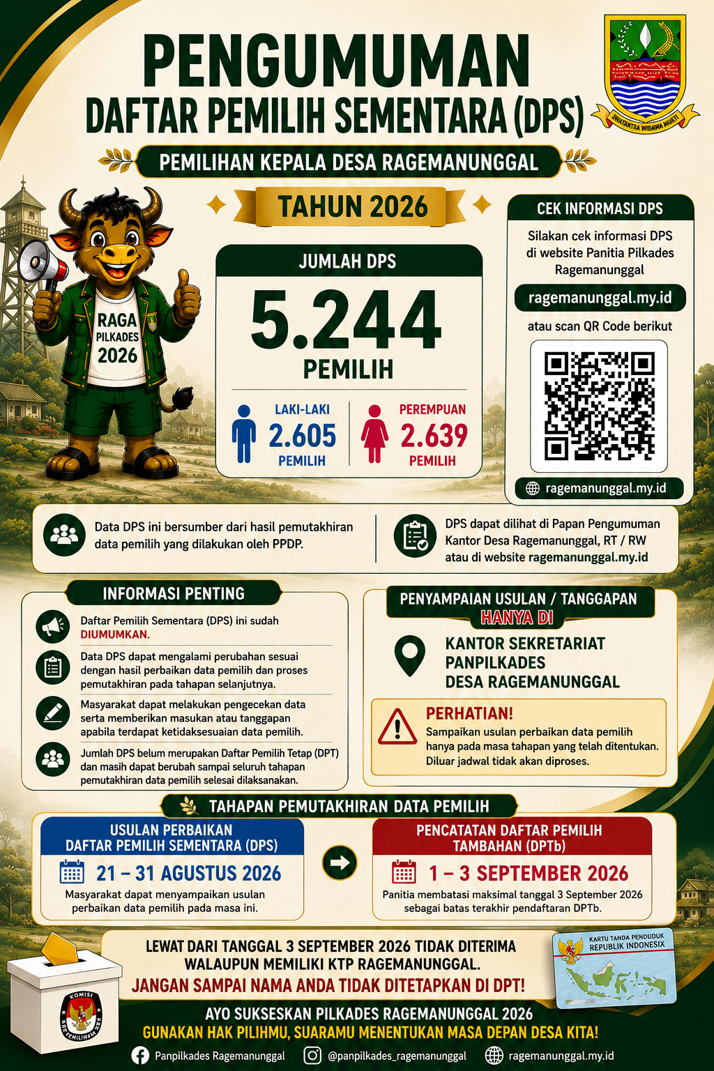 Pengumuman Daftar Pemilih Sementara (DPS) Pemilihan Kepala Desa Ragemanunggal Tahun 2026